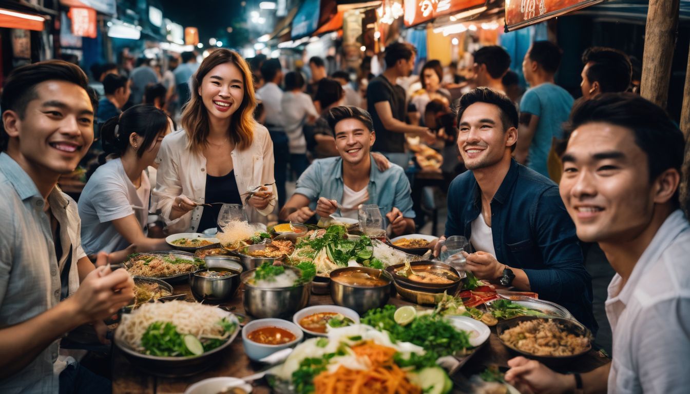 A diverse group of friends enjoying a traditional Vietnamese meal at a bustling street food market.