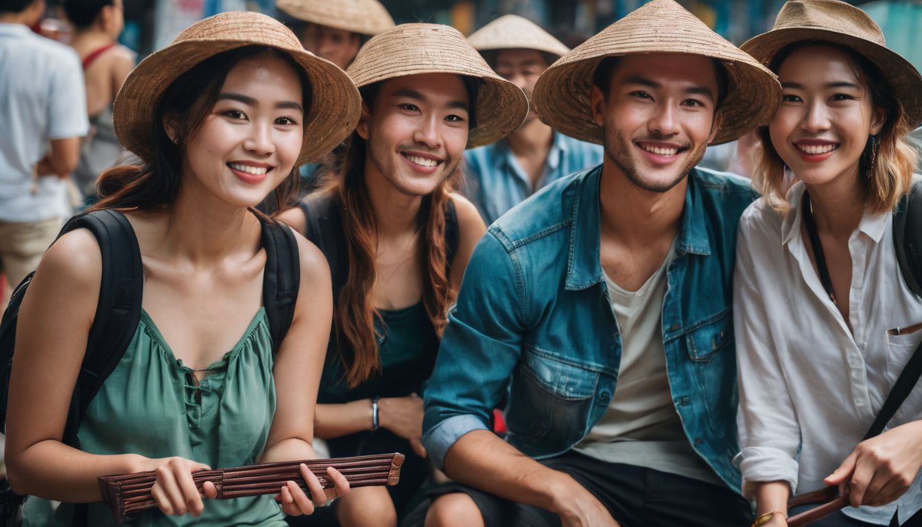 A diverse group of friends backpacking through Vietnam, capturing the beauty of cities and landscapes.