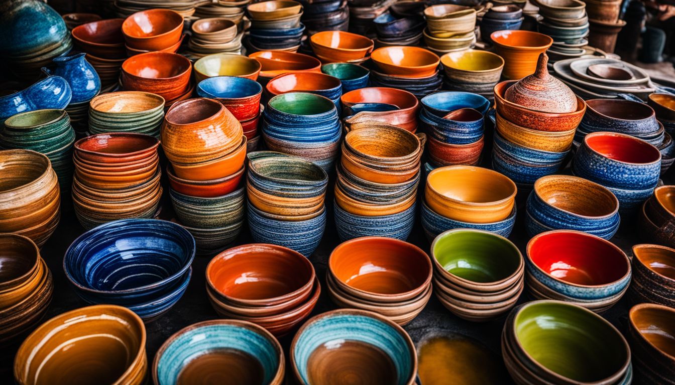 A vibrant collection of Thai pottery showcased in a bustling outdoor market.