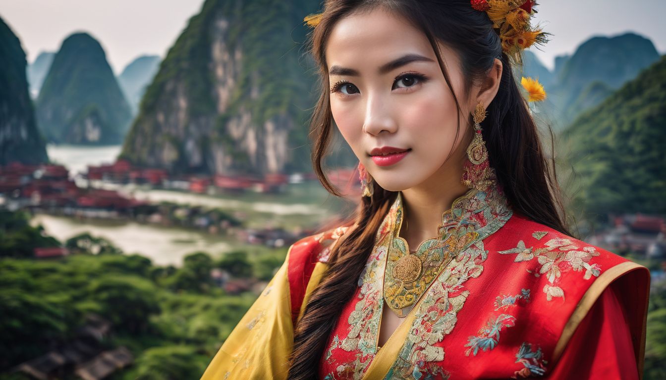 A photo of people in traditional Vietnamese clothing exploring beautiful landmarks of Vietnam in great detail and clarity.