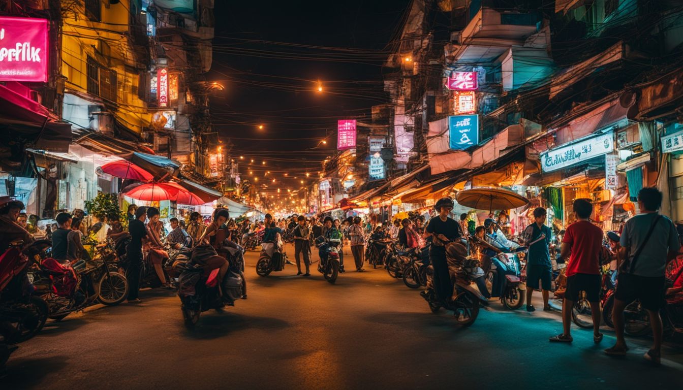A lively street scene in Ho Chi Minh City with a diverse crowd and vibrant neon lights.