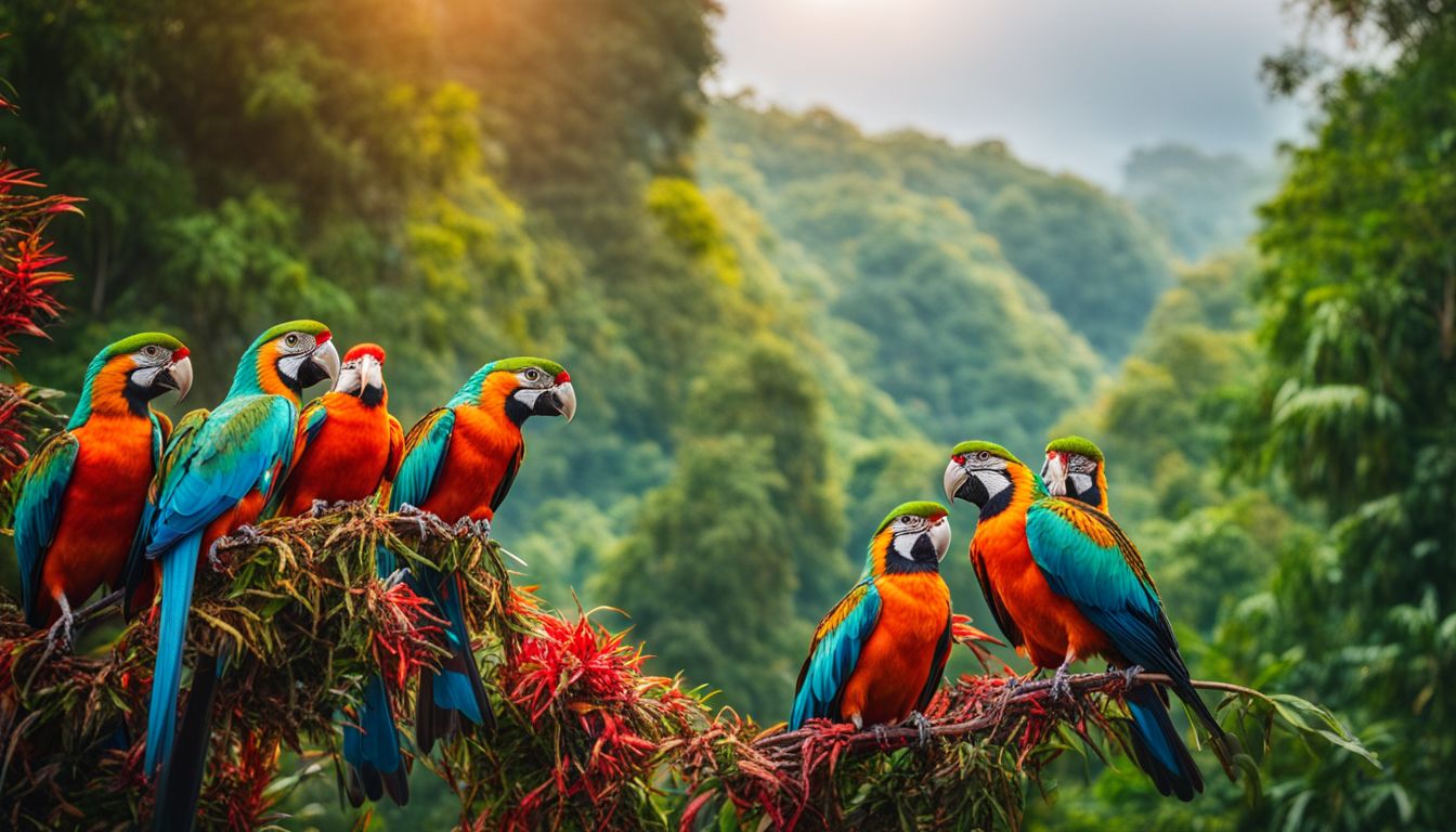 A vibrant photo of a flock of birds perched on branches in a lush Vietnamese jungle.