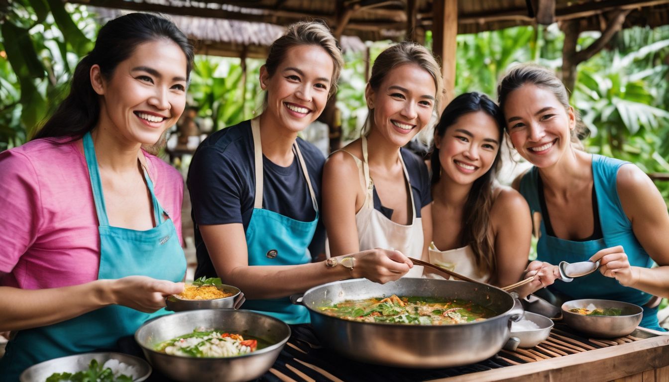 A diverse group of travelers enjoy a traditional Thai cooking class in a vibrant outdoor kitchen.