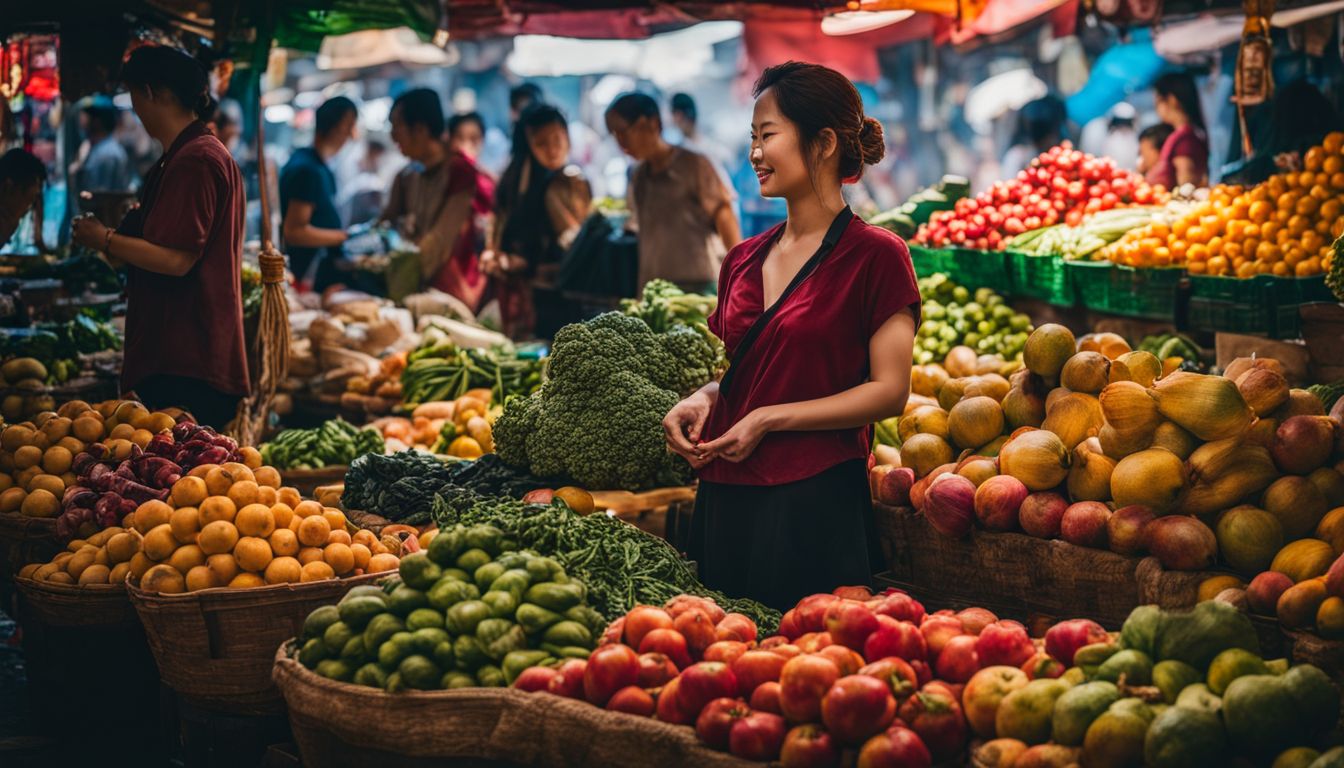 A vibrant traditional Vietnamese market filled with fruits, vegetables, and local delicacies.