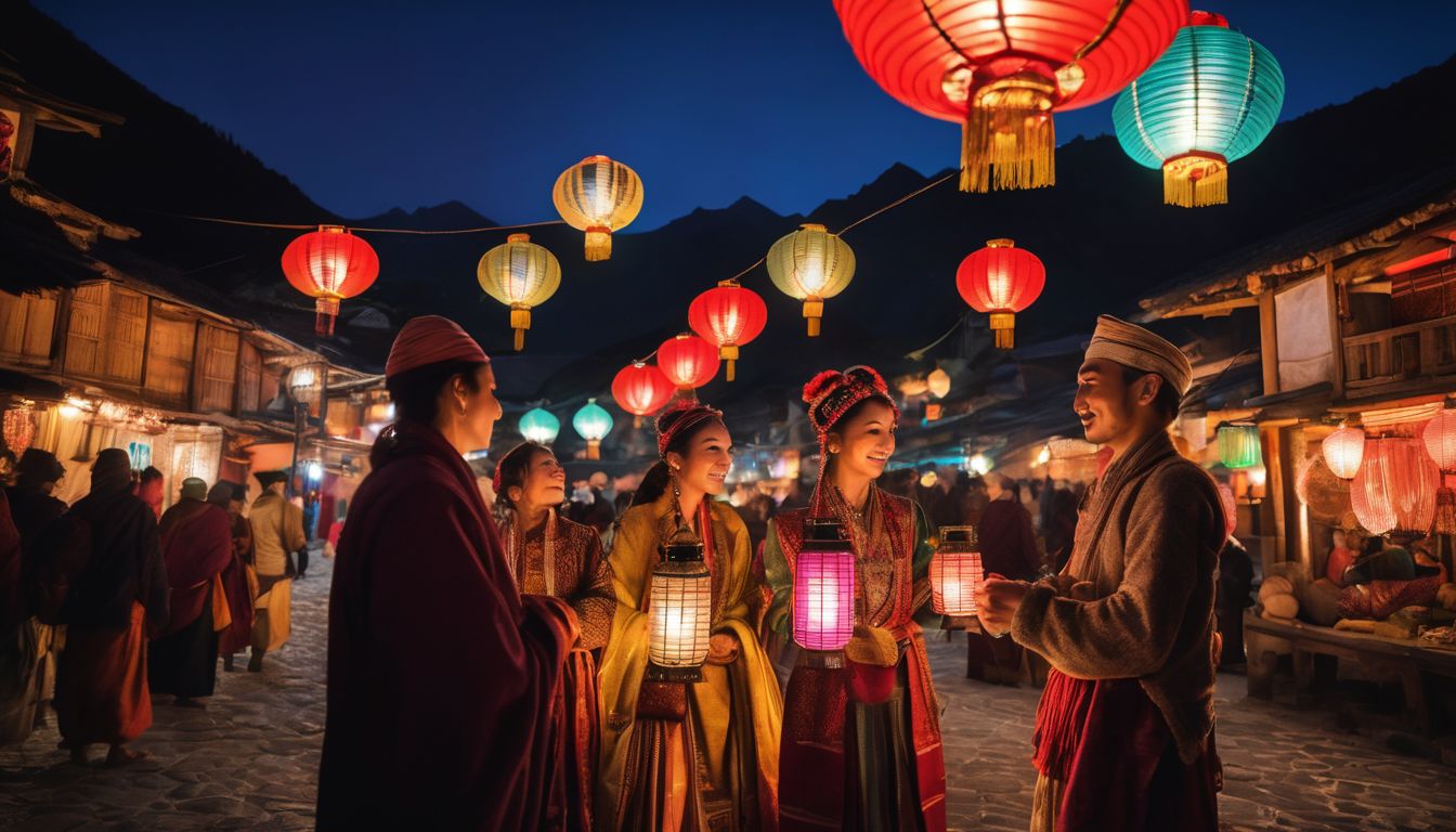 A group of locals in traditional attire surrounded by colorful lanterns in a bustling village.