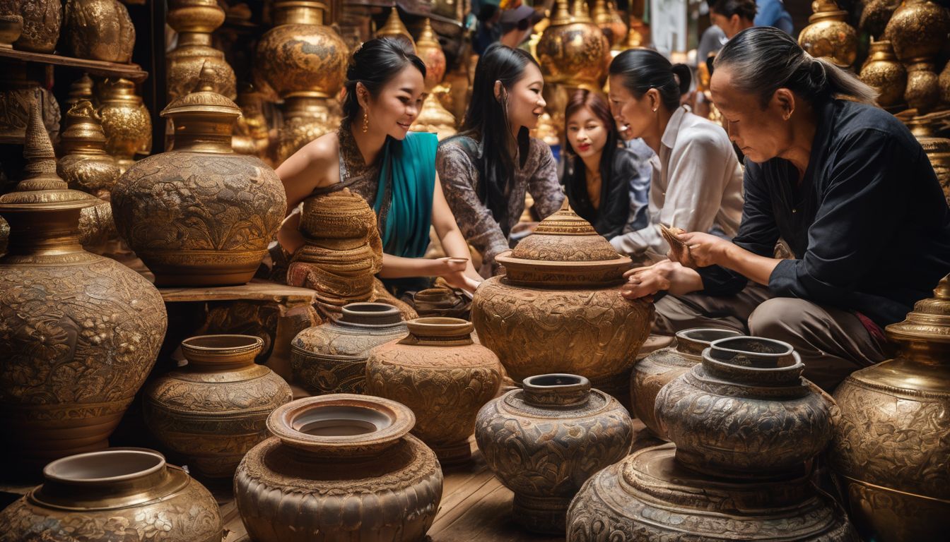A group of locals in Thailand admire a large display of ornate pottery.