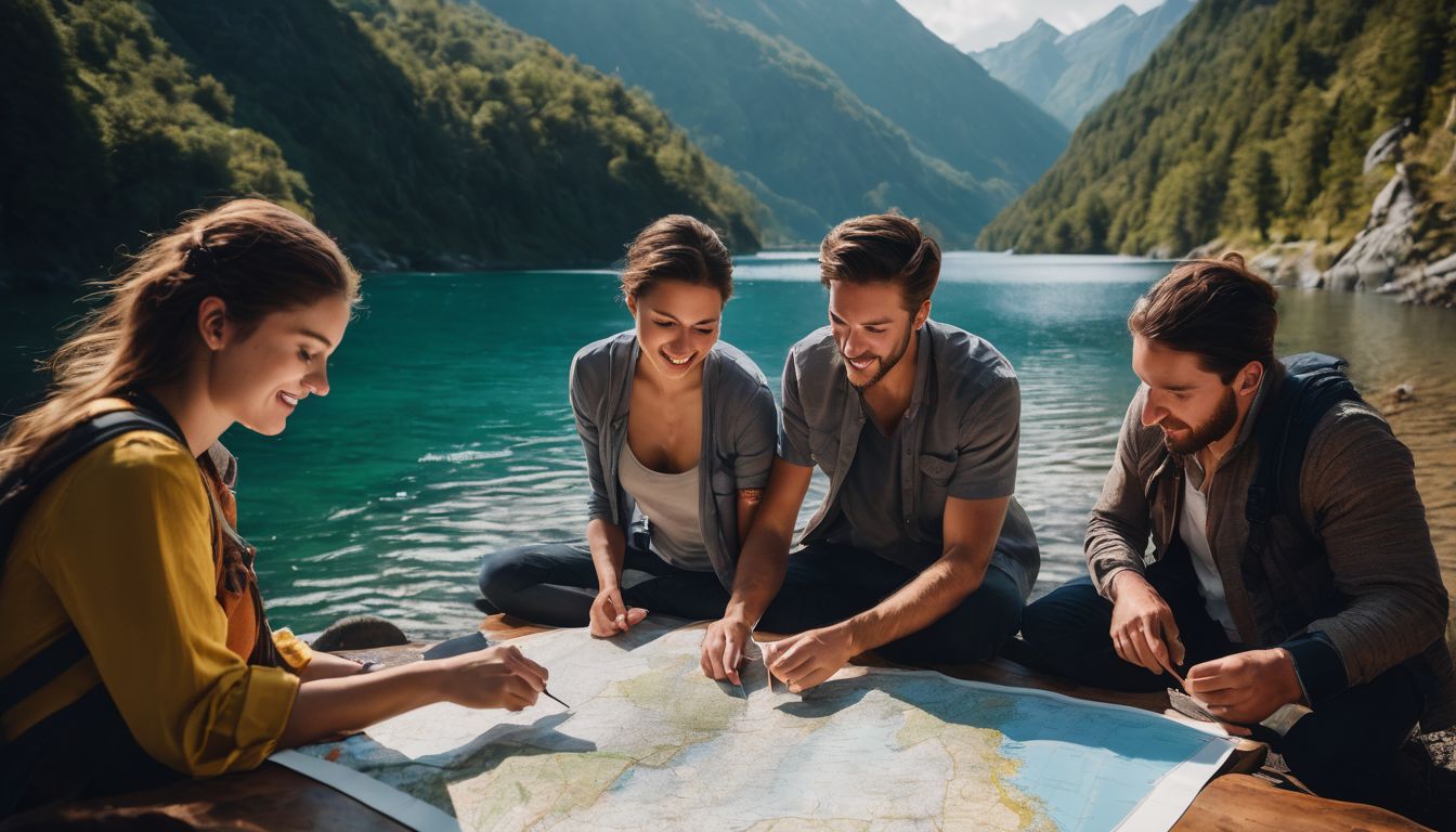 A group of diverse travelers study a map surrounded by picturesque landscapes in a bustling atmosphere.