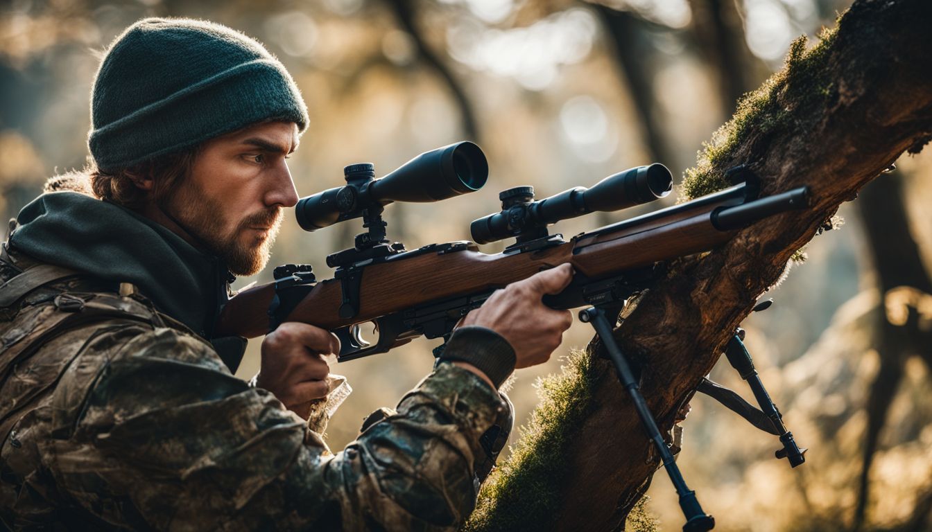 A wildlife photographer captures a sniper in action on a tree branch with a sniper rifle.