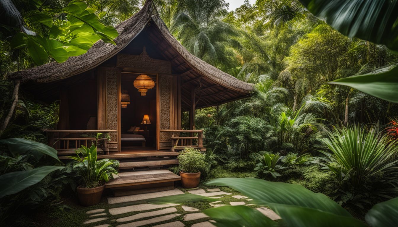 A tranquil garden featuring a traditional Thai massage hut surrounded by lush greenery and various people.