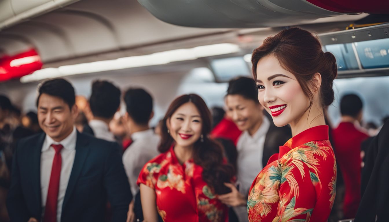 A couple boards a Vietjet Air flight with the plane in the background.