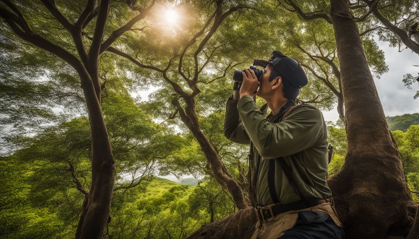 A birdwatcher with binoculars observes a tree in Mang Den, capturing wildlife photography.
