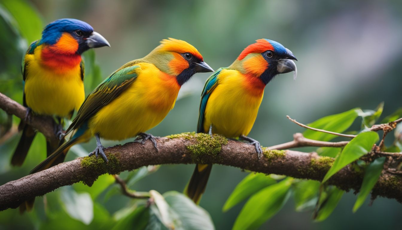 A vibrant photo of colorful birds in a tropical setting, captured with high-quality equipment.