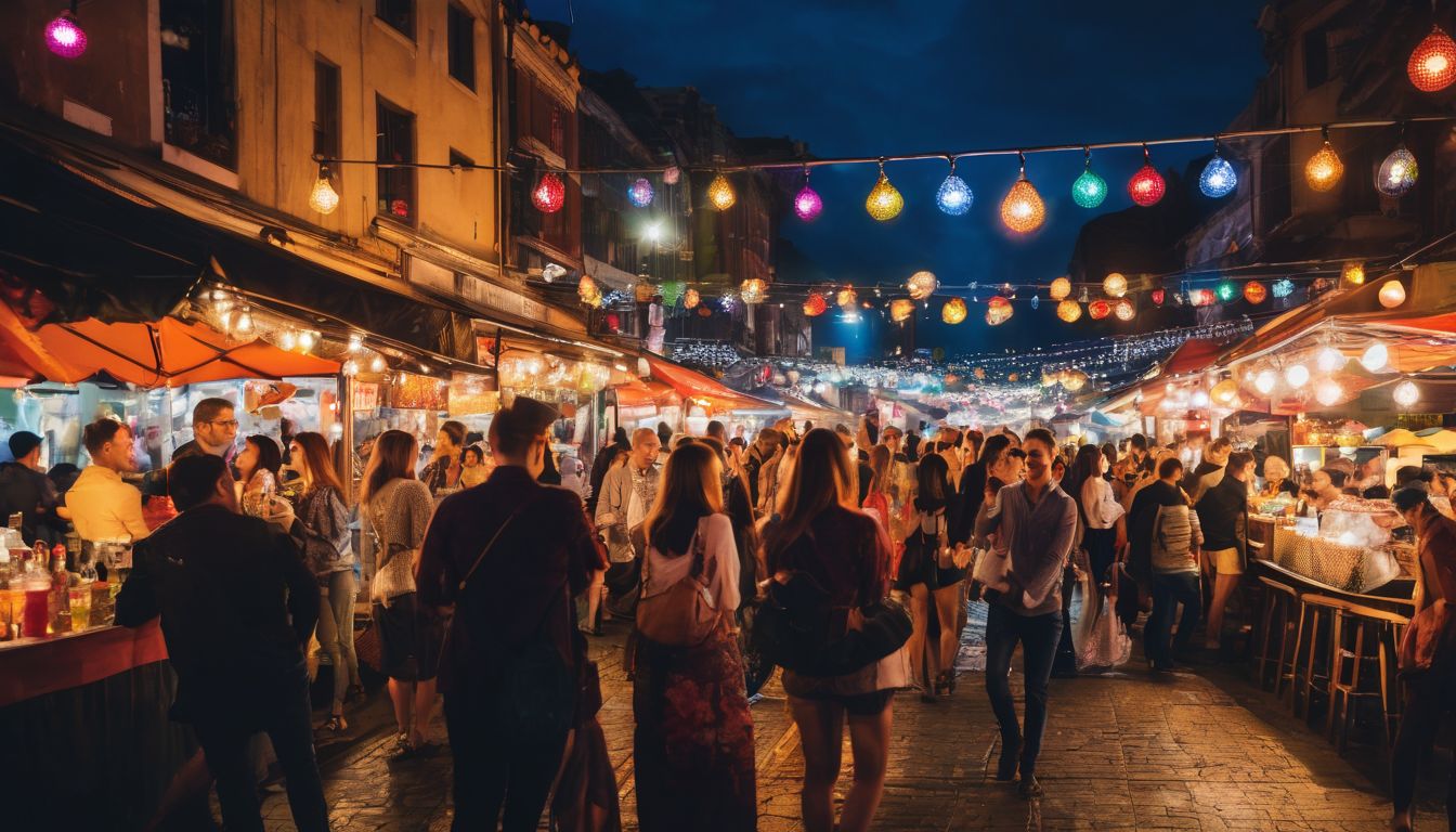 A vibrant night market filled with people enjoying cocktails and street food.