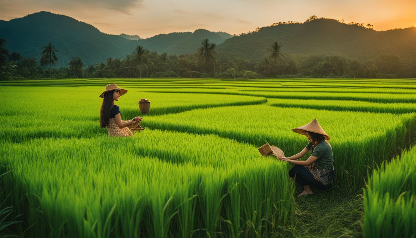 A captivating photo of a vibrant rice field at sunset featuring diverse individuals in various attire.