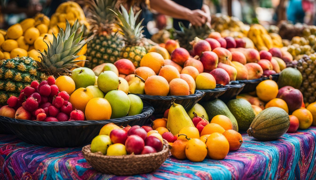 A vibrant display of tropical fruits at an outdoor market, captured in stunning detail and color.
