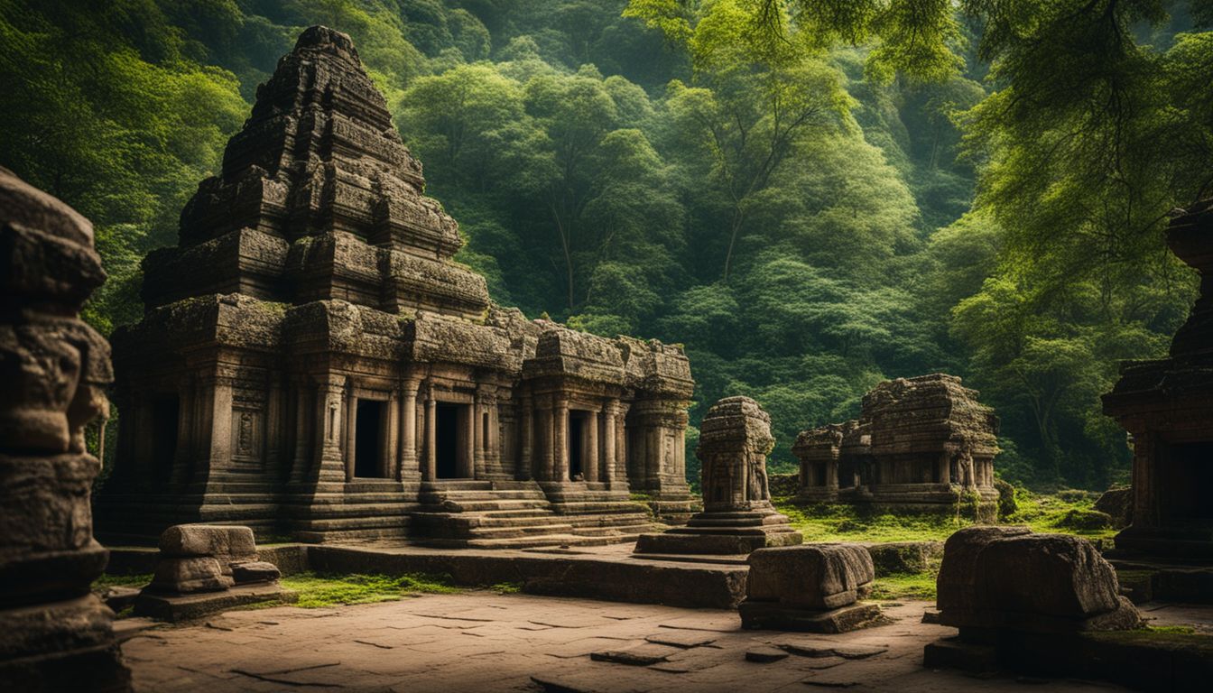 A photo of an ancient temple surrounded by lush greenery and intricate stone carvings.