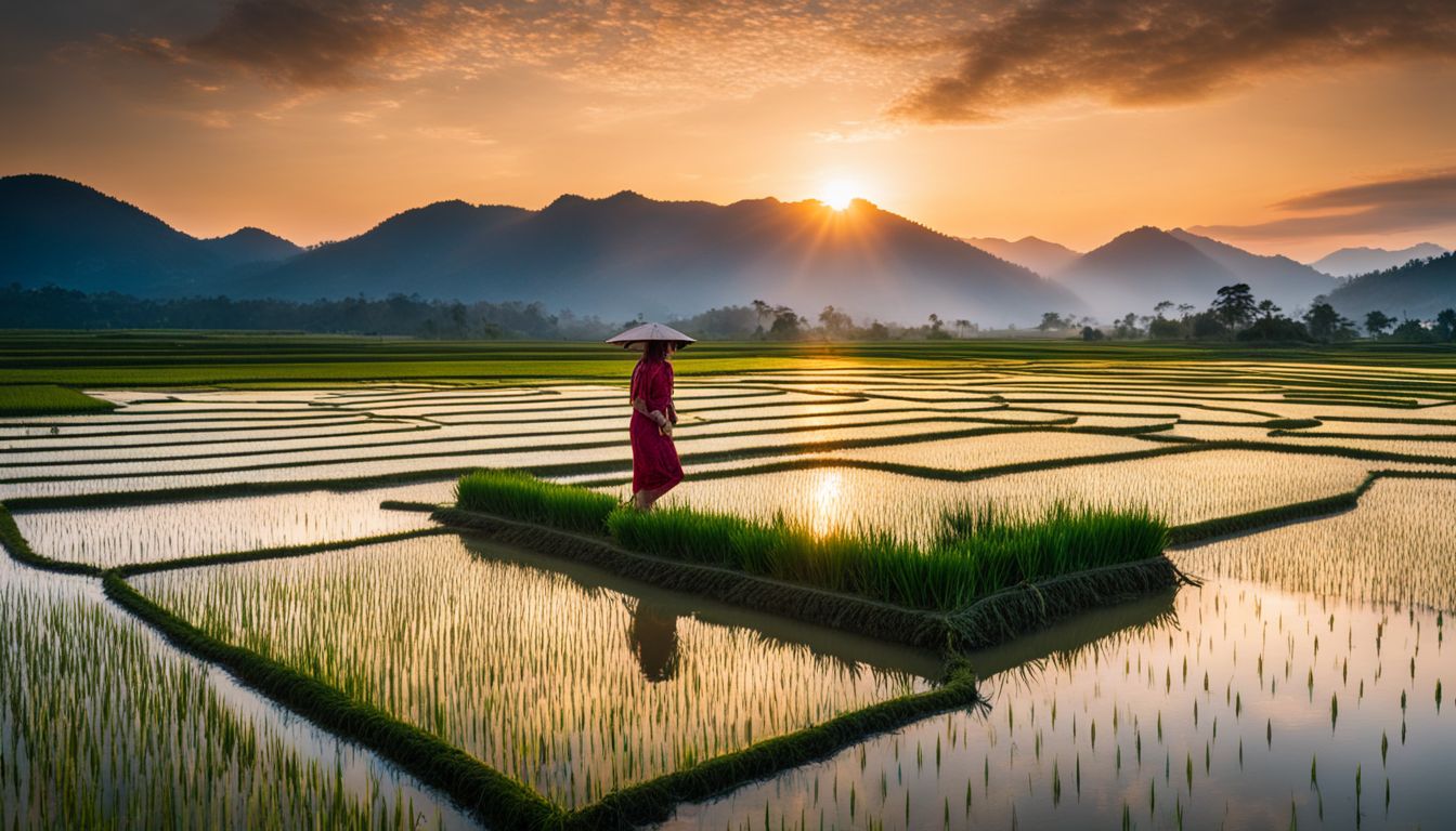 A stunning sunrise over a vibrant rice paddy field with diverse people in different outfits.