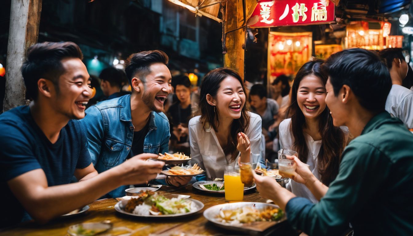 A group of friends having a great time on a street food tour in Hanoi.