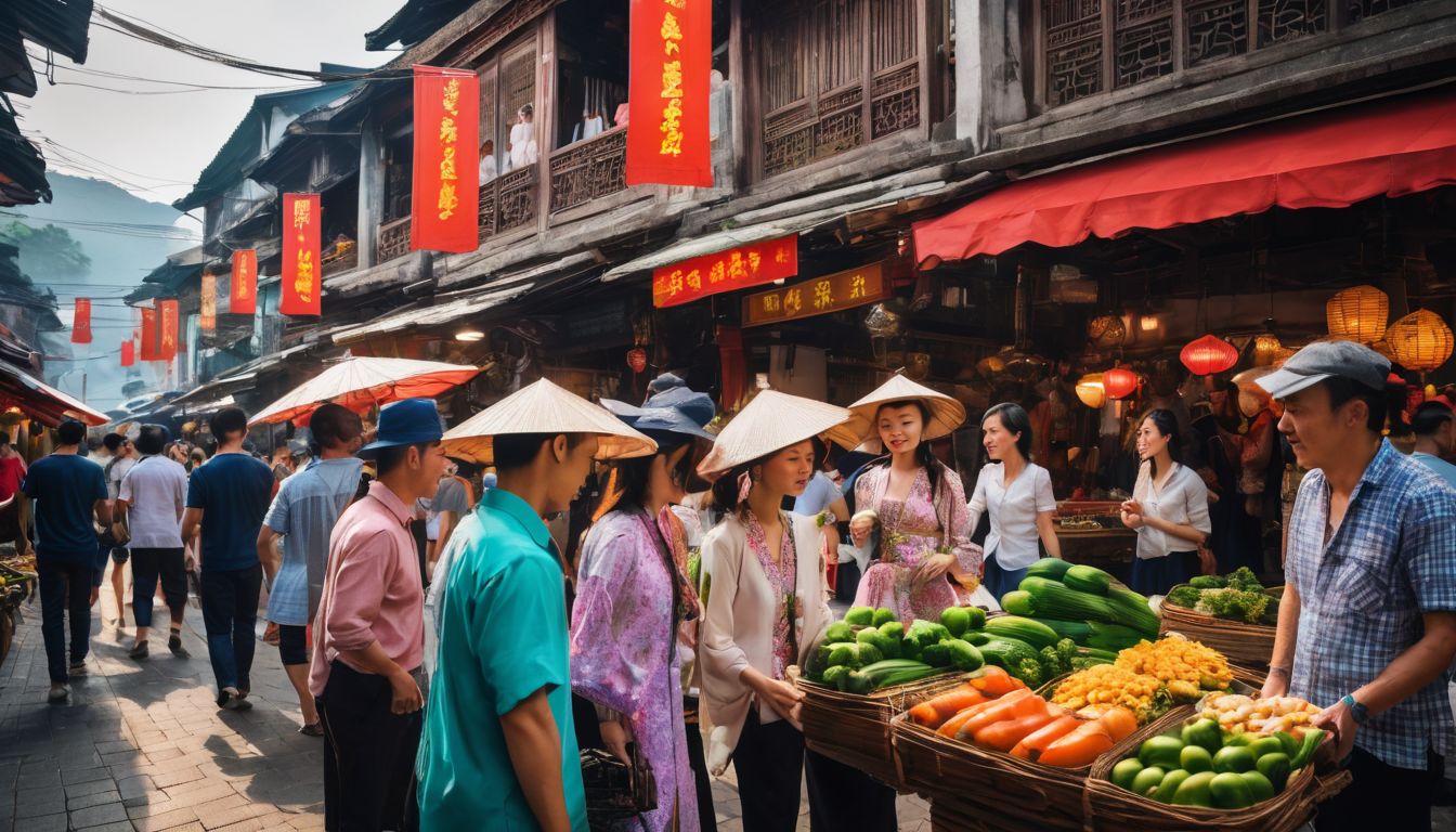 A group of tourists in traditional Vietnamese clothing explore a bustling market in a vibrant cityscape.