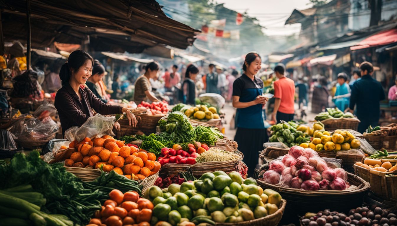 A vibrant traditional Vietnamese market scene in Vinh featuring a variety of vendors and colorful produce.