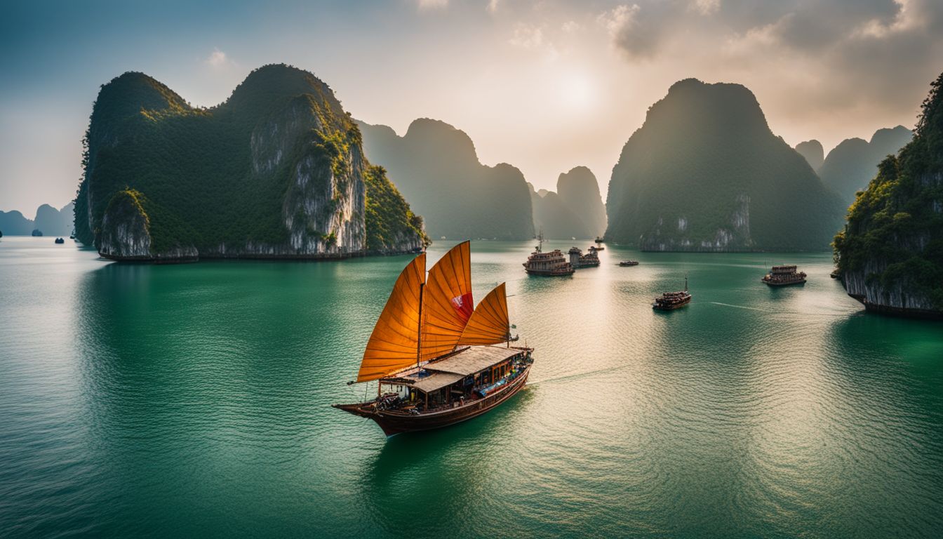 A traditional Vietnamese fishing boat sails through Halong Bay, creating a bustling and vibrant atmosphere.