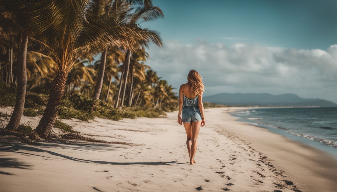A young woman walks barefoot on a palm tree-lined beach, capturing the beauty of the seascape in her photos.