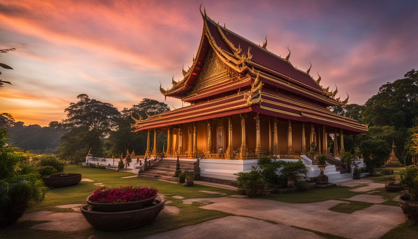 A photograph of Wat Thang Sai temple at sunset, capturing its beauty against a colorful backdrop.