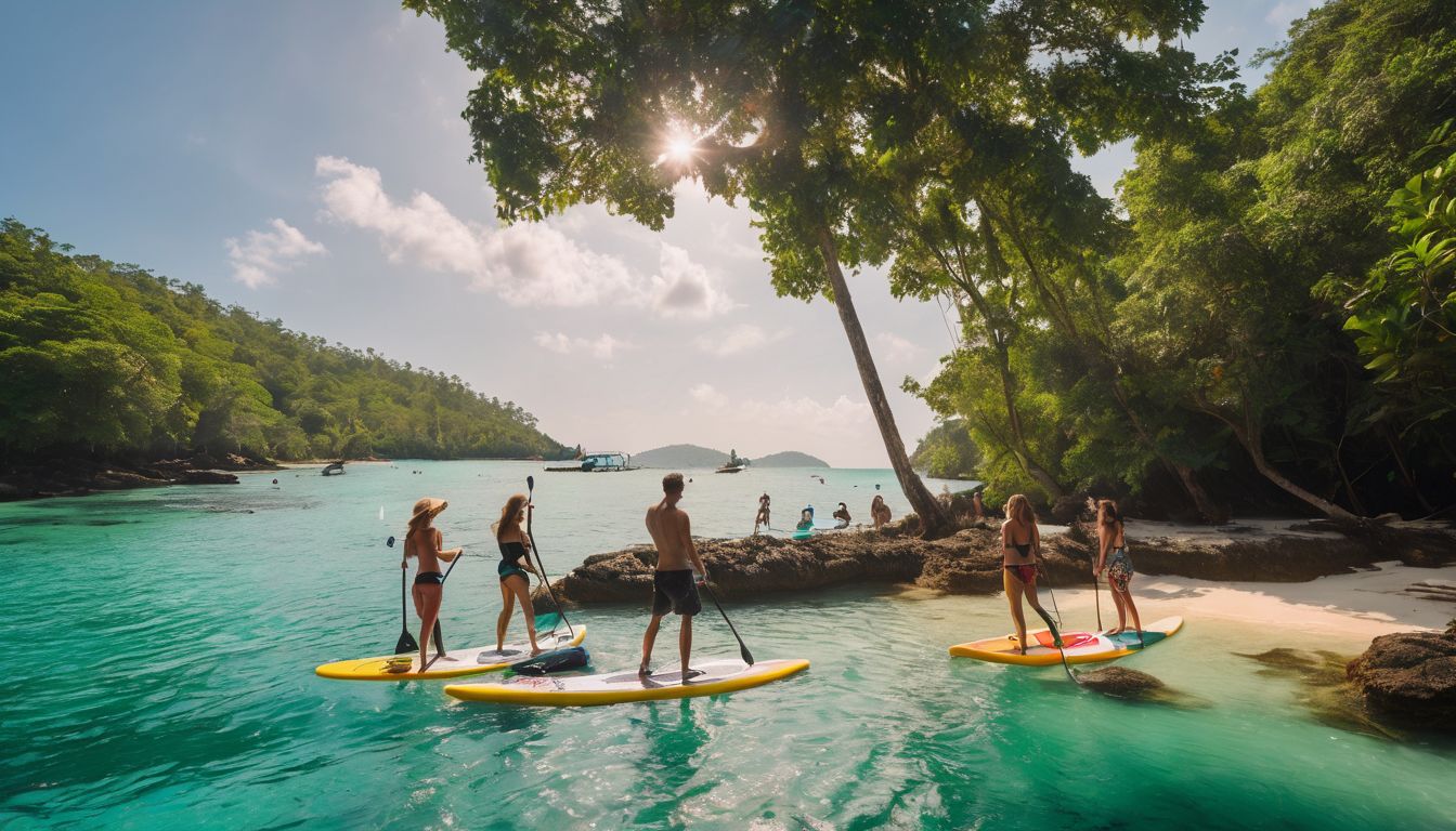 A group of friends enjoy paddleboarding and laughter in the turquoise waters of Koh Kood.