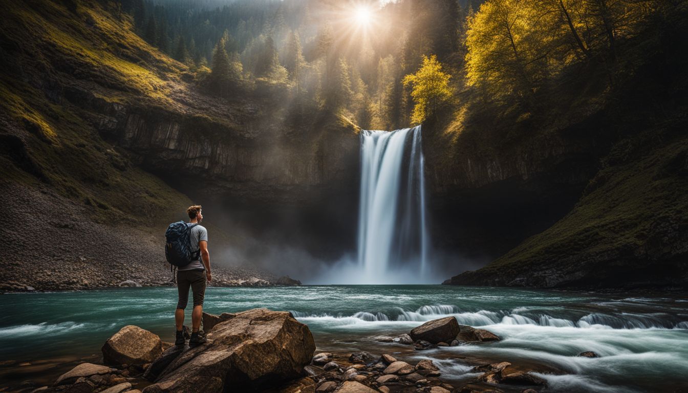 A hiker is in awe of a majestic waterfall, capturing the beauty and power of nature.