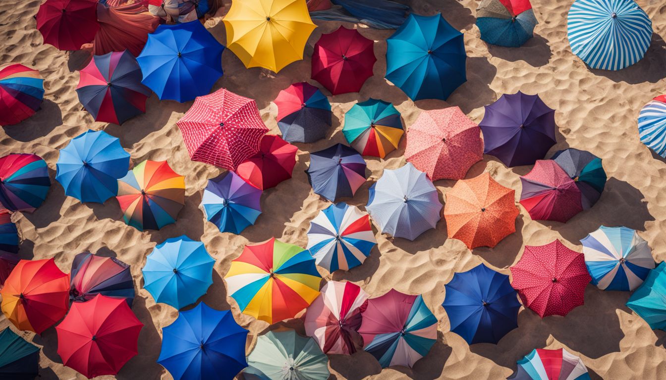 A vibrant beach scene with a multitude of colorful umbrellas and people enjoying the sunny day.