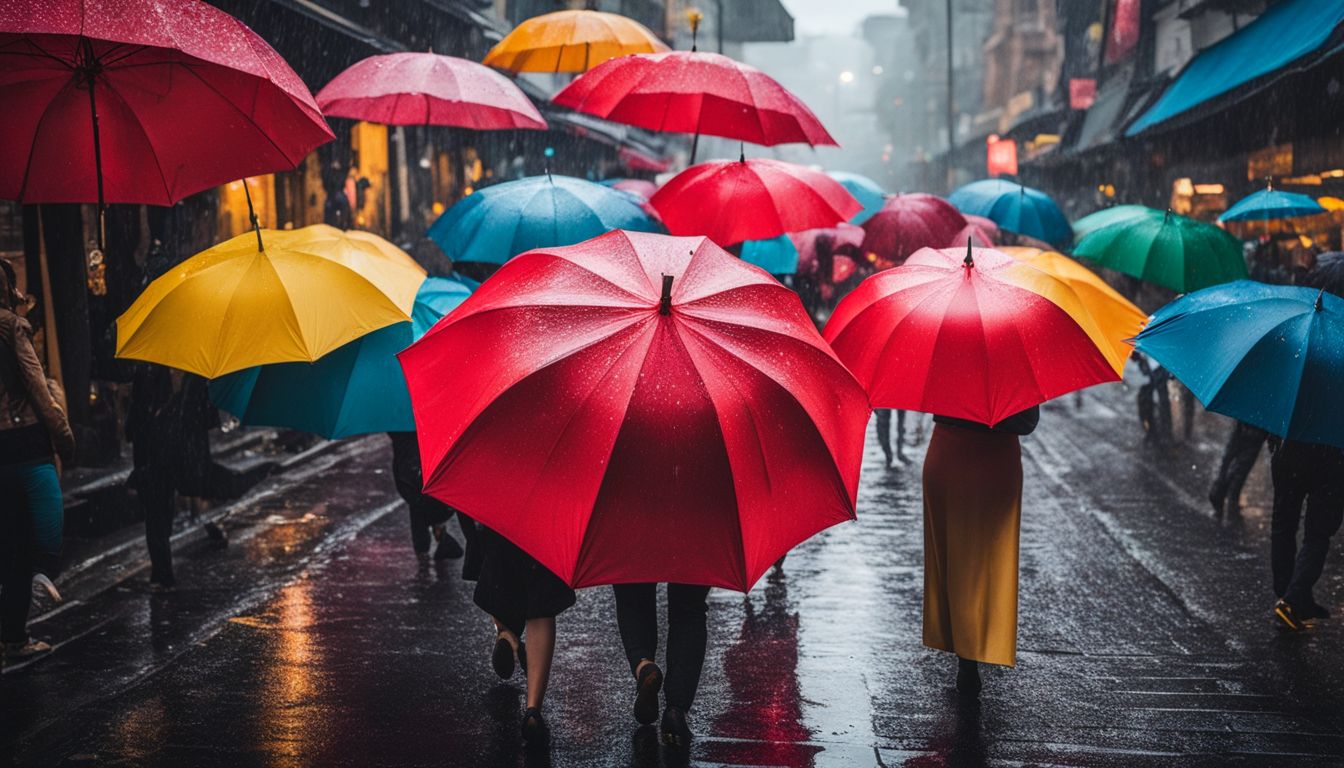 A vibrant city scene of colorful umbrellas in the rain, captured with high-quality photography equipment.