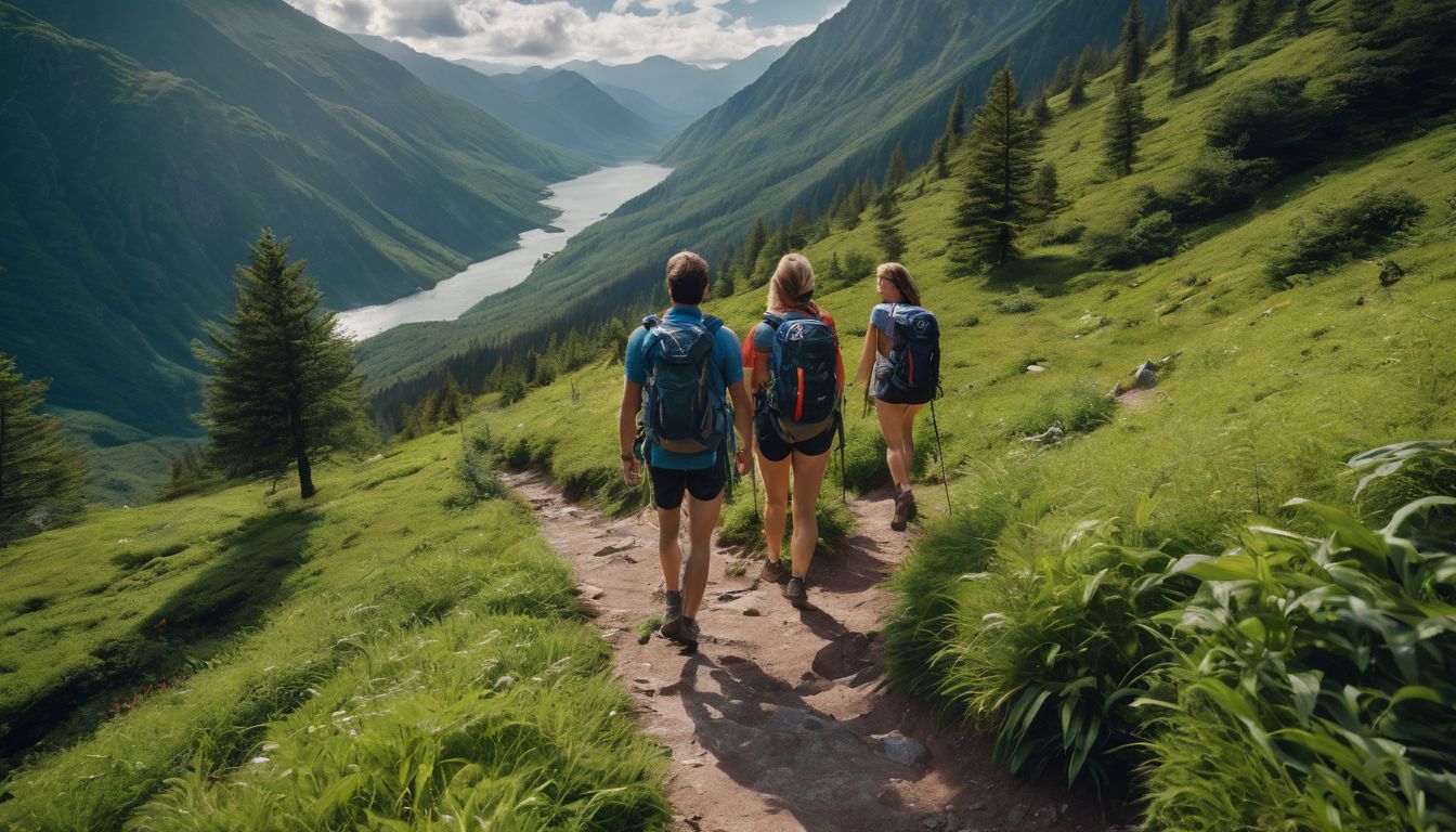 A diverse group of friends hike through a lush mountain trail, capturing the beauty with high-quality photography equipment.