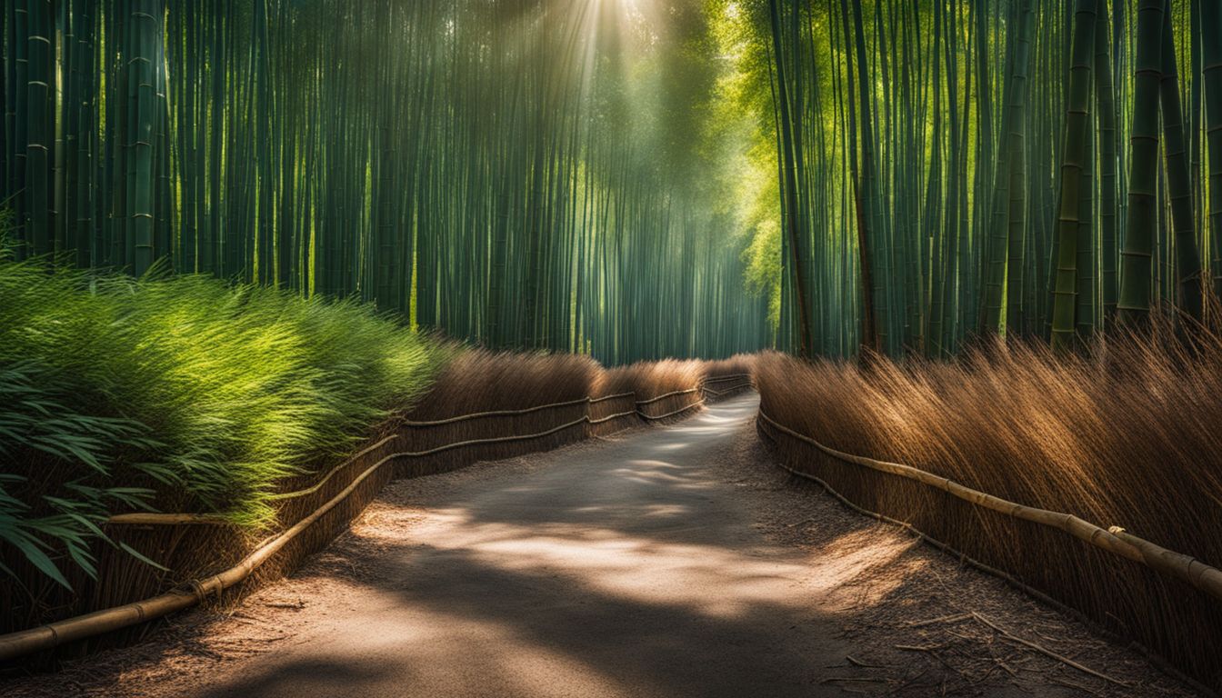 A serene bamboo forest with a variety of people in different attire, captured in a detailed and vibrant photograph.