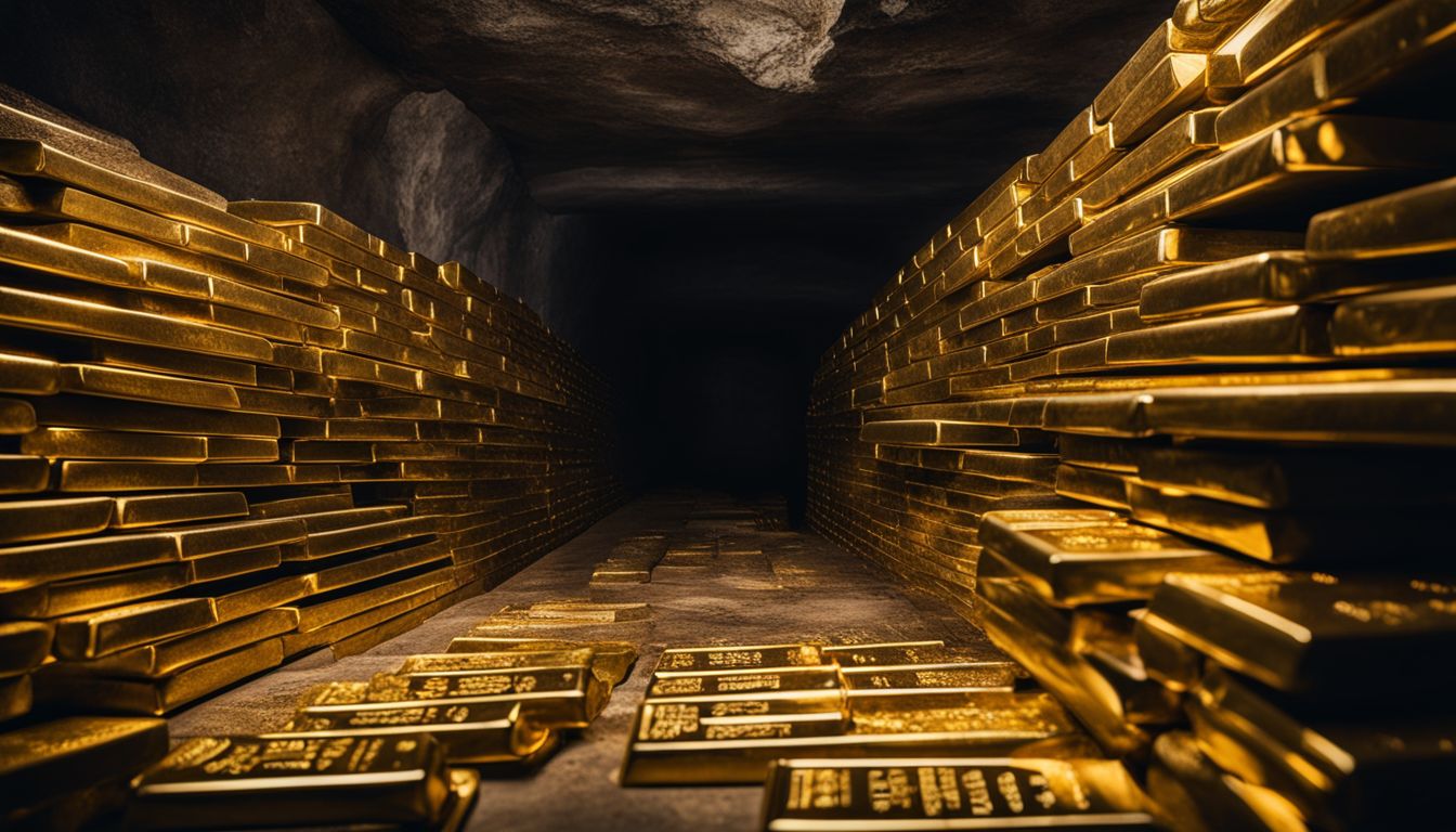 A captivating photograph of a pile of gold bars in a mysterious underground vault.