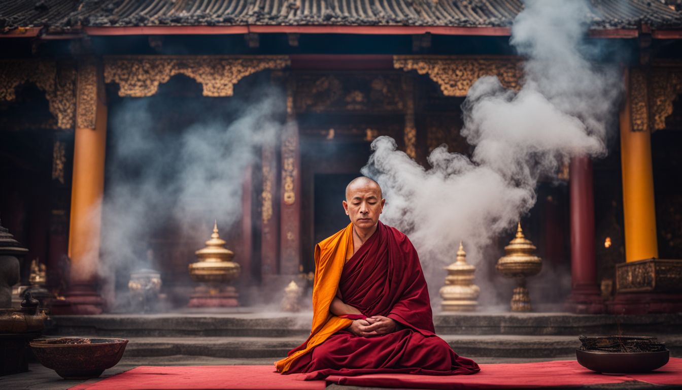 A Buddhist monk meditates in front of a temple surrounded by incense smoke in a bustling cityscape.