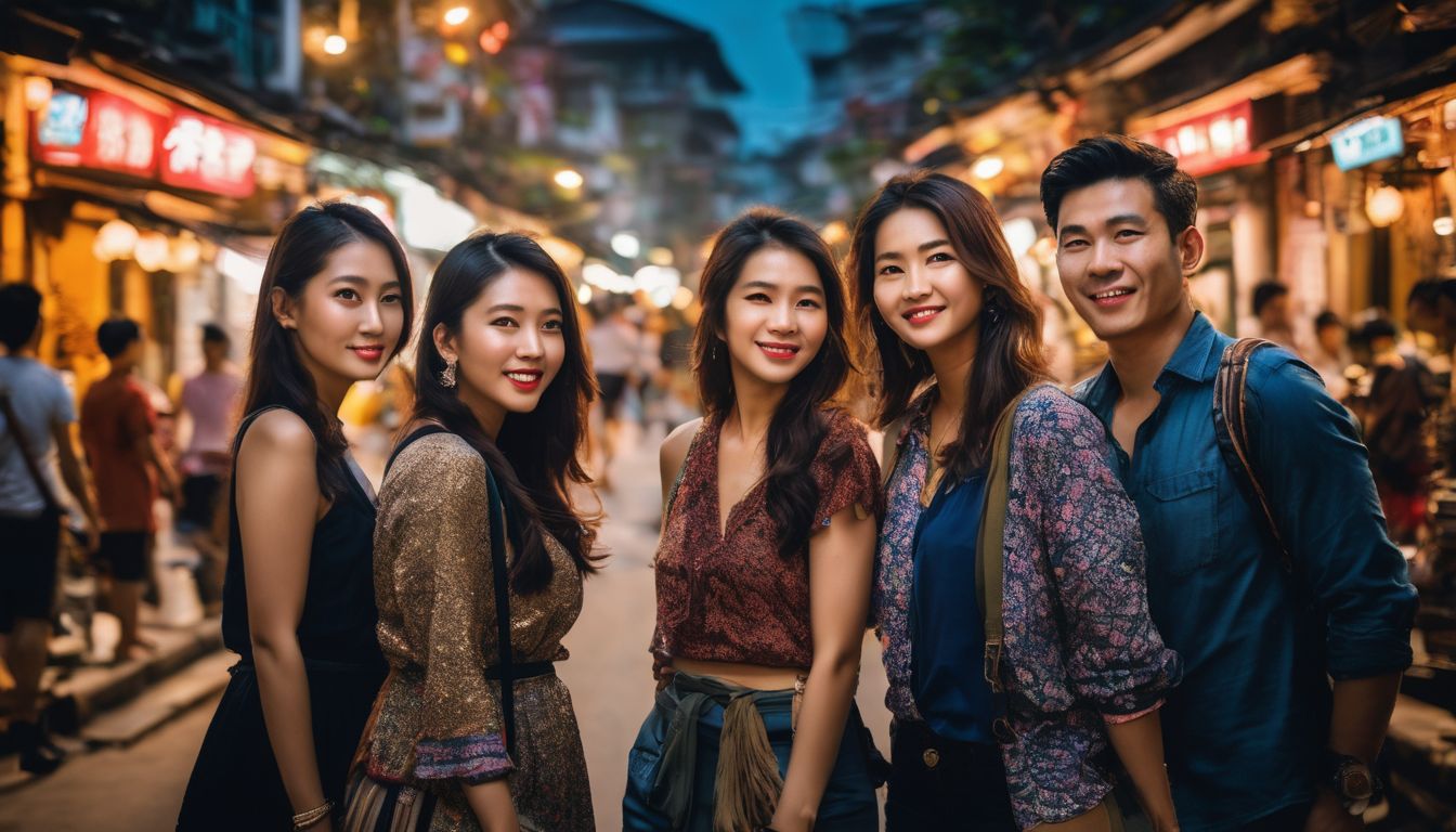 A diverse group of travelers exploring the streets of Hanoi, showcasing different faces, hair styles, and outfits.