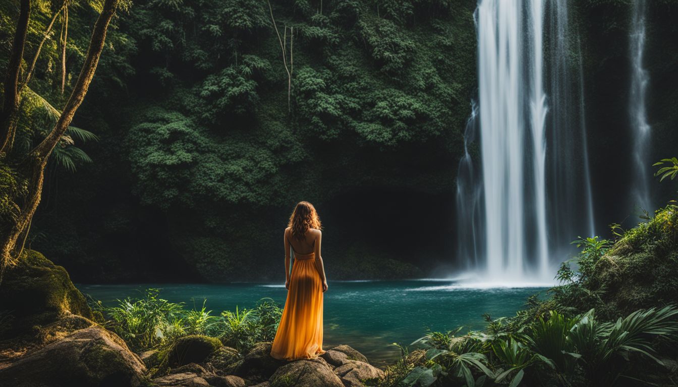 A beautiful waterfall in a tropical setting surrounded by diverse people dressed in different styles.