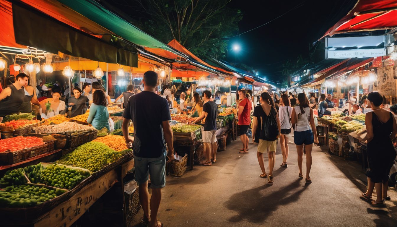 A diverse group of friends explore the lively night markets in Koh Samui, capturing the bustling atmosphere.