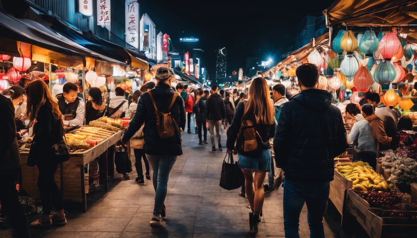 A diverse group of friends explore a lively night market together in a cityscape photograph.