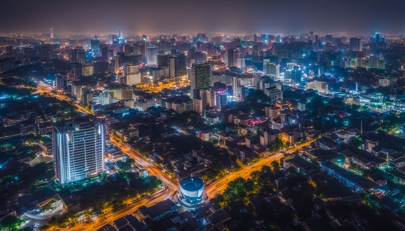 A nighttime cityscape of Ho Chi Minh City with a vibrant and bustling atmosphere.