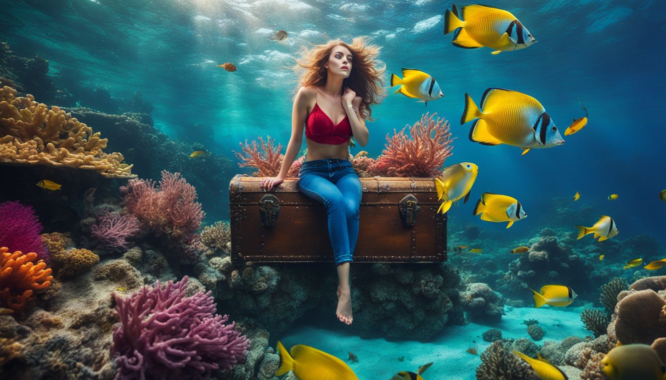 A vibrant and colorful underwater scene with exotic fish, coral reefs, and a sunken treasure chest.