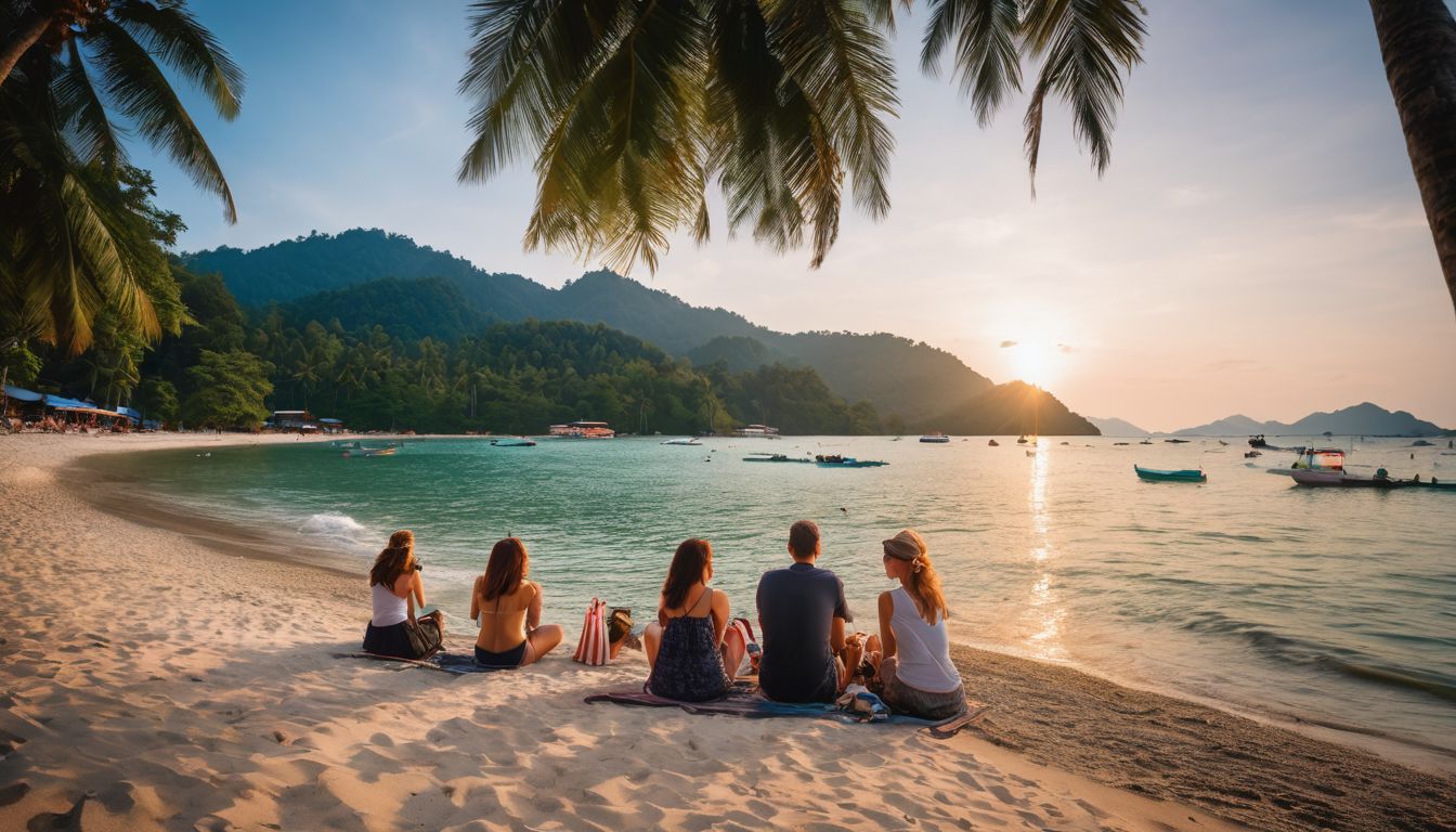 A diverse group of tourists enjoying a sunny day at the beach in Koh Chang.