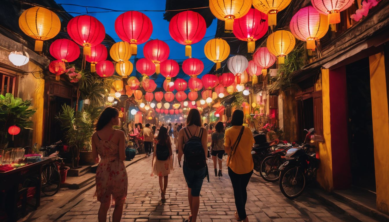 A group of friends explore the vibrant streets of Hoi An during the lantern festival.