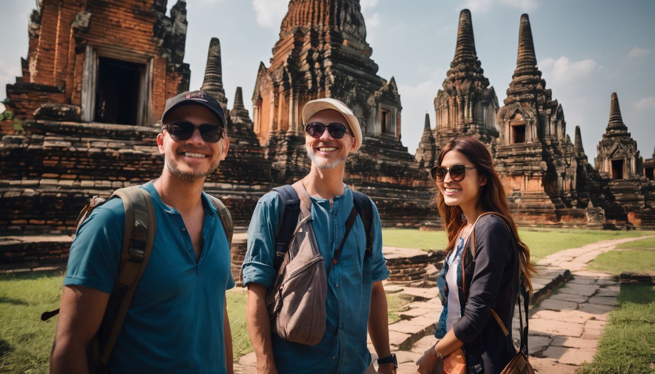 A diverse group of travelers exploring the ancient ruins of Ayutthaya in Thailand.