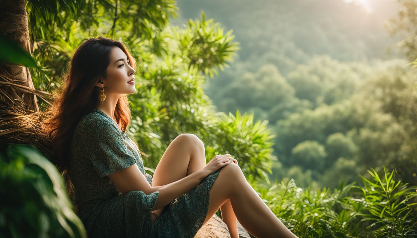A woman enjoys the peace and beauty of Hidden Village Chiang Mai surrounded by lush greenery.