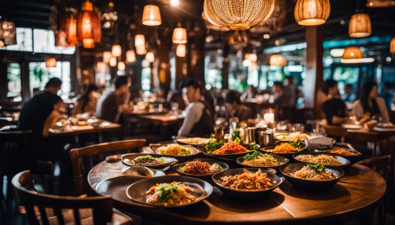 A photo of a busy Thai restaurant filled with a variety of delicious dishes.