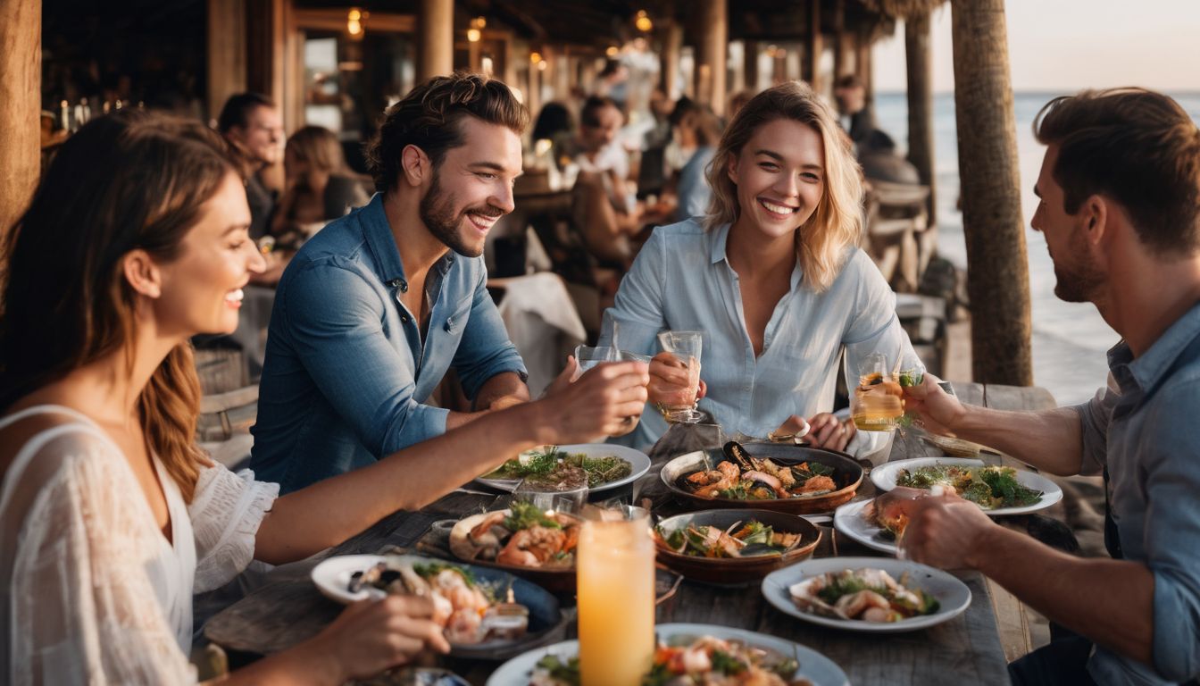 A group of friends enjoying a seafood feast at a beachfront restaurant.