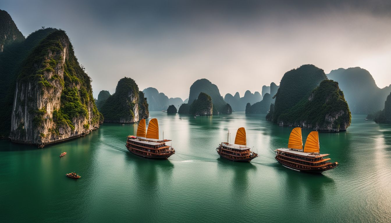 A stunning panoramic view of Ha Long Bay with its famous limestone karsts.