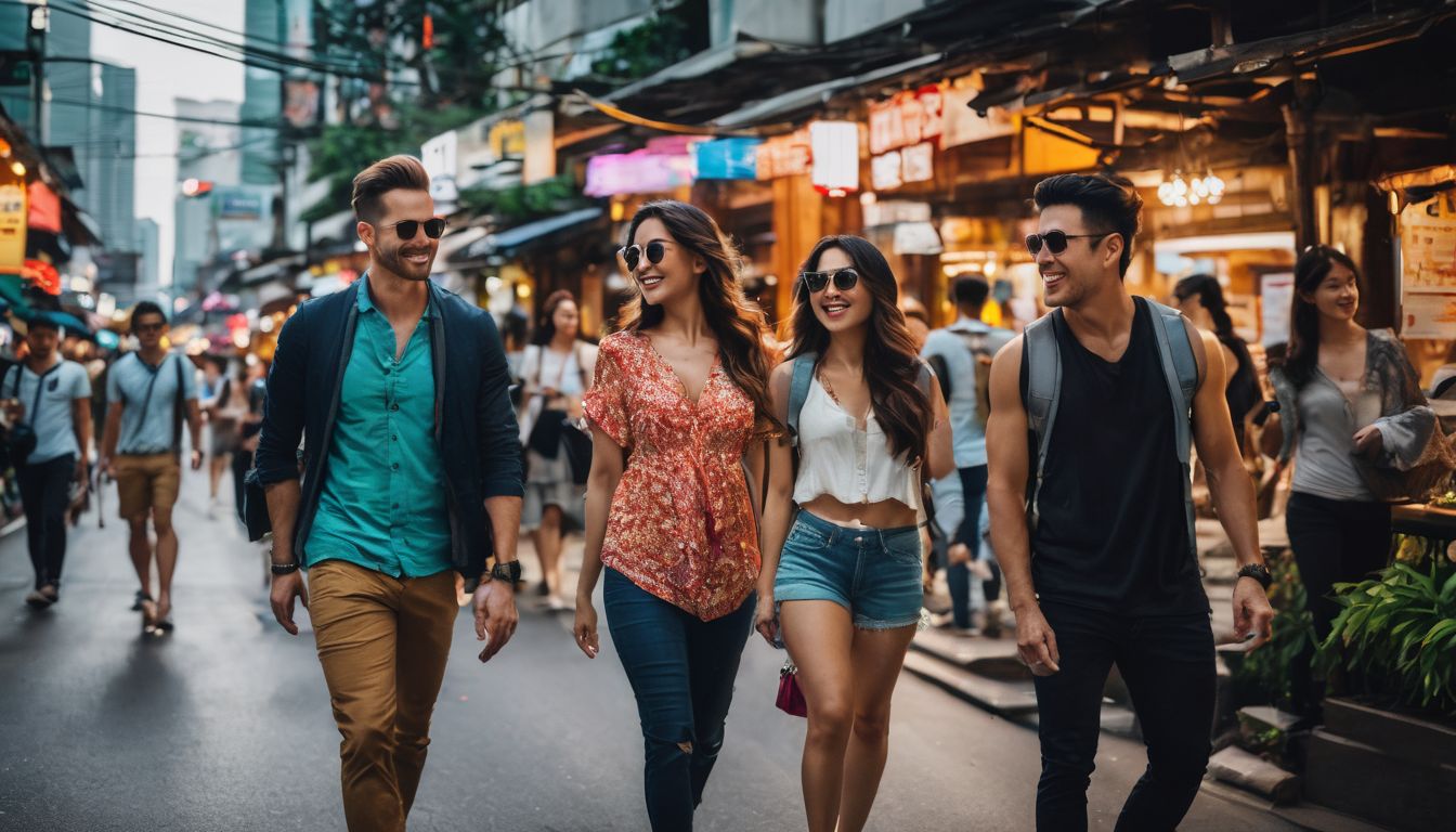 A diverse group of travelers exploring the bustling streets of Sukhumvit in vibrant and photorealistic detail.