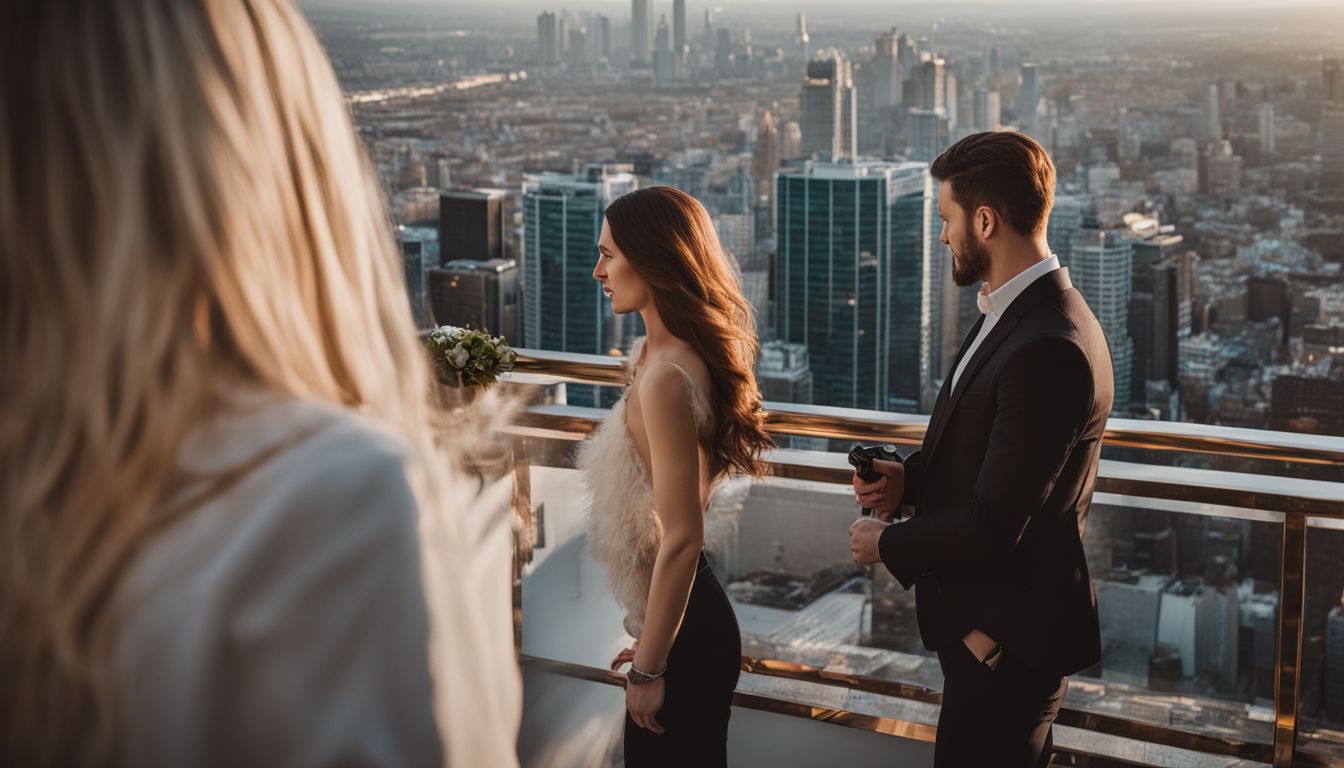 A couple enjoys the view of a city skyline from a hotel balcony.